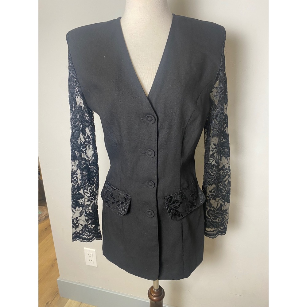 Francine Browner Vintage 90s Black Lace Sleeve Blazer Dress Longline Jacket 6
